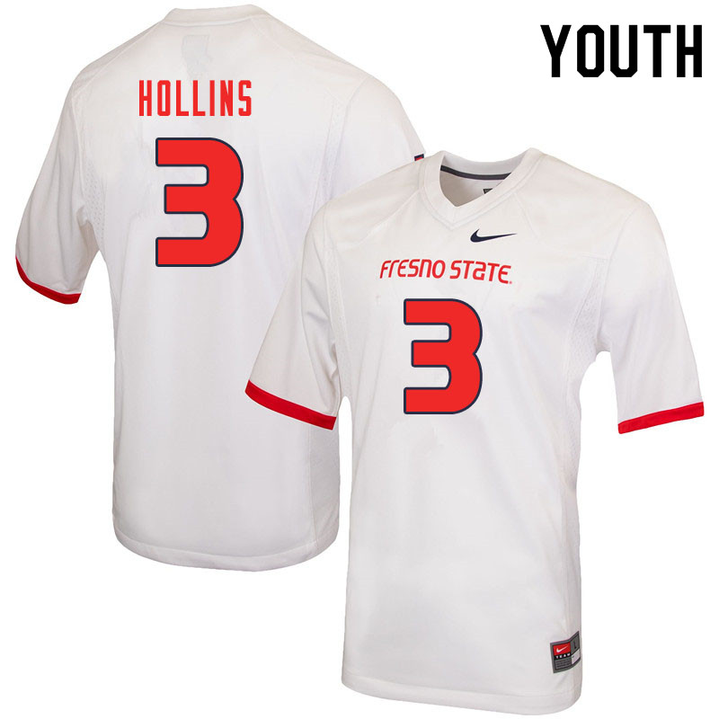 Youth #3 Jacob Hollins Fresno State Bulldogs College Football Jerseys Sale-White - Click Image to Close